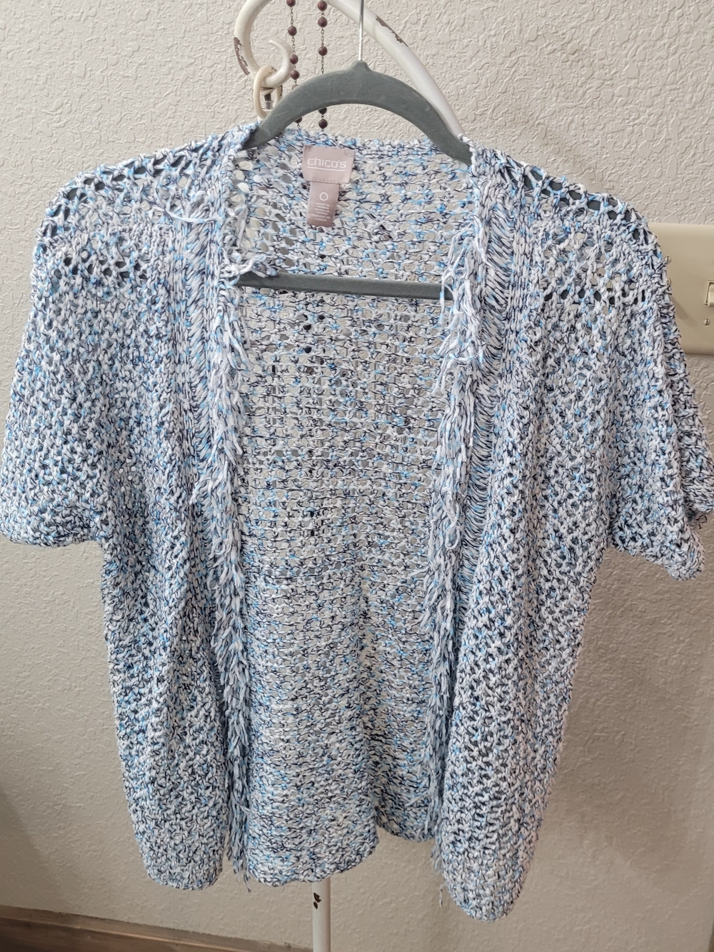 Chicos Crochet Open-Front Short Sleeve Cardigan - Light Blue Mix